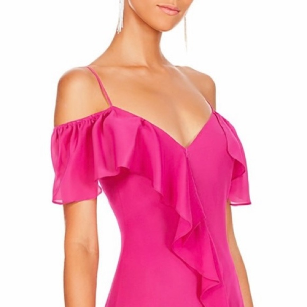 NWT Revolve x GOLD HAWK 100% Silk Hot Pink Ruffle-Detail V-Neck Midi Dress - Picture 6 of 11
